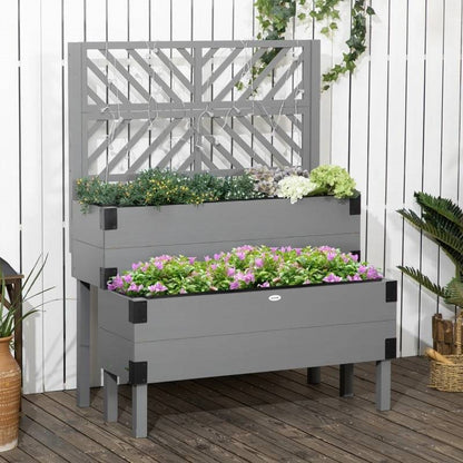 2 Tier Grey Lattice Trellis Self Draining Wooden Garden Raised Planter Box