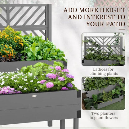 2 Tier Grey Lattice Trellis Self Draining Wooden Garden Raised Planter Box