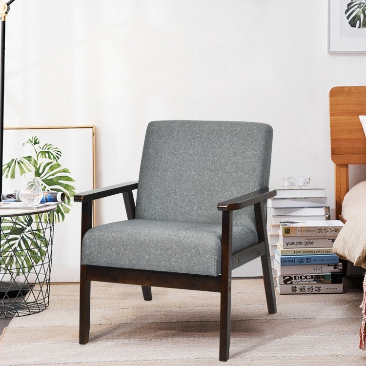 Retro Linen Wide Accent Chair w/ Espresso Rubber Wood Frame - Gray