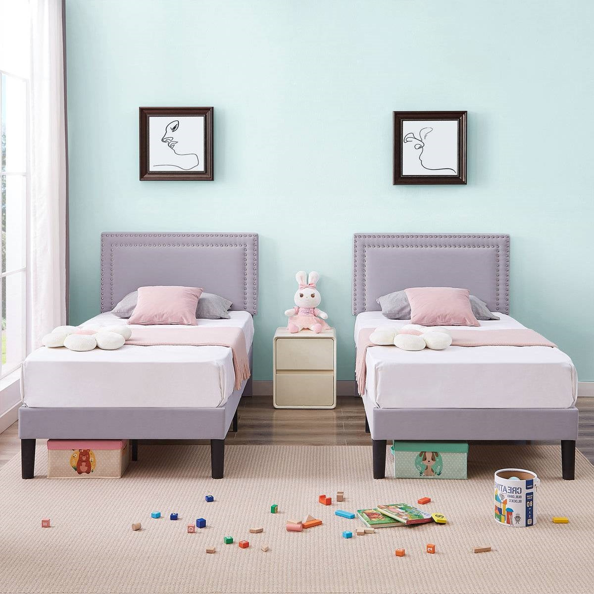 Twin Size - Set of 2 - Dorm Style Grey Tufted Upholstered Platform Beds