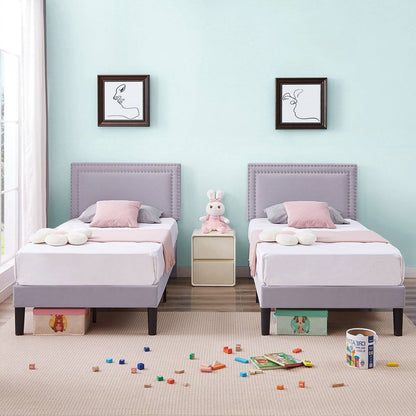 Twin Size - Set of 2 - Dorm Style Grey Tufted Upholstered Platform Beds