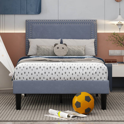 Twin Size - Set of 2 - Dorm Style Grey Tufted Upholstered Platform Beds