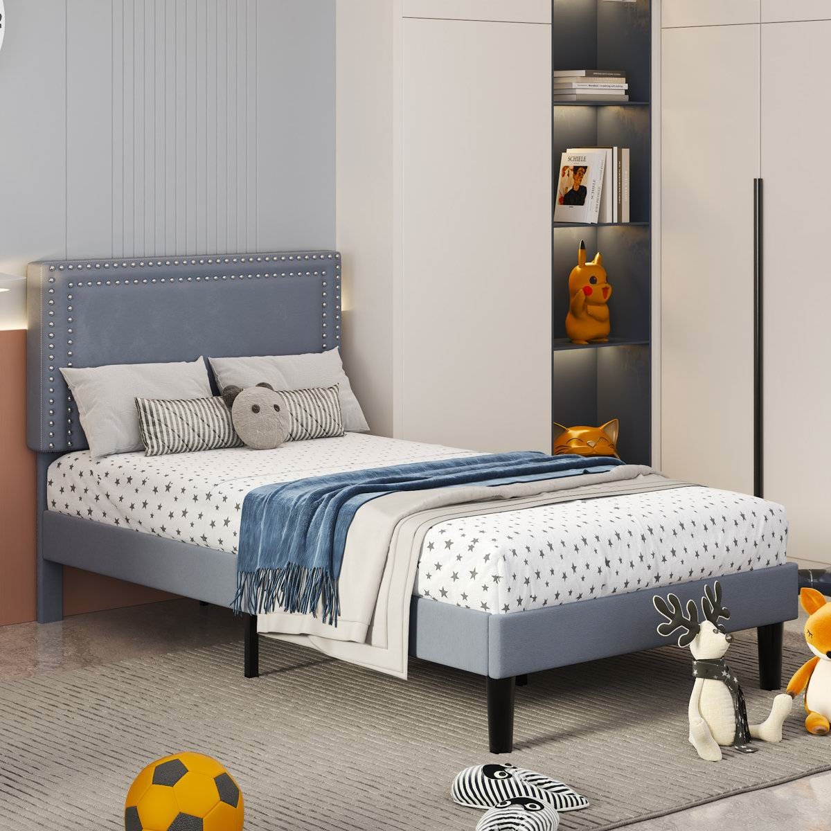 Twin Size - Set of 2 - Dorm Style Grey Tufted Upholstered Platform Beds