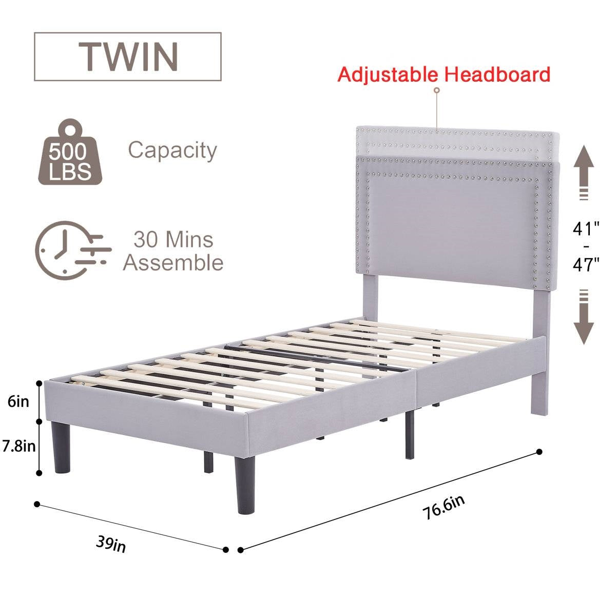 Twin Size - Set of 2 - Dorm Style Grey Tufted Upholstered Platform Beds