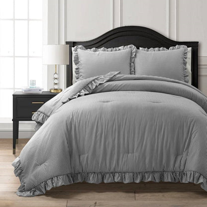 Full/Queen Grey White Stripe Ruffle Reversible 3 PCS Comforter Set