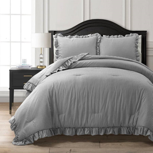 Full/Queen Grey White Stripe Ruffle Reversible 3 PCS Comforter Set