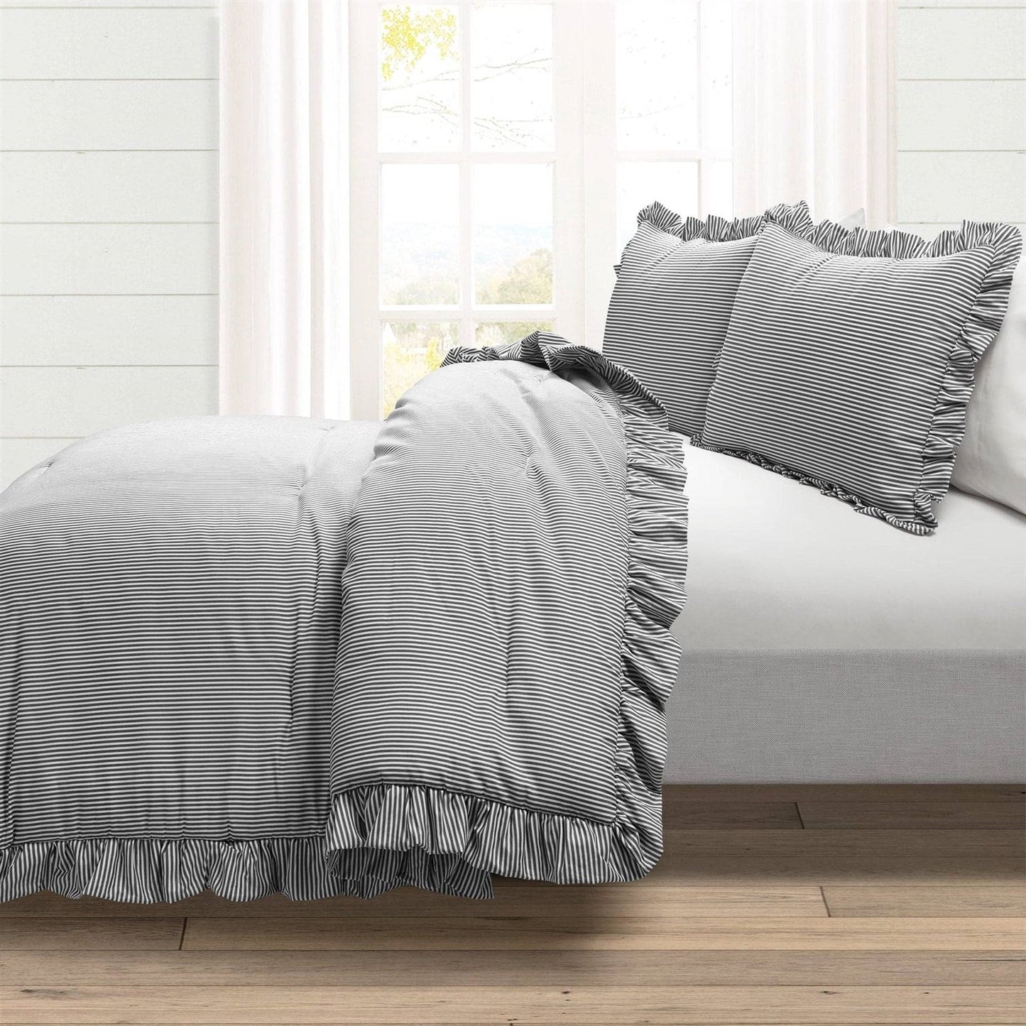 Full/Queen Grey White Stripe Ruffle Reversible 3 PCS Comforter Set