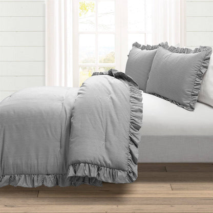 Full/Queen Grey White Stripe Ruffle Reversible 3 PCS Comforter Set