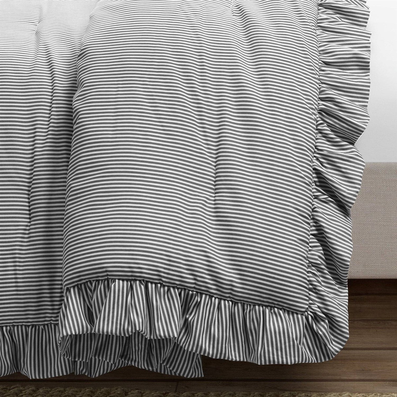 Full/Queen Grey White Stripe Ruffle Reversible 3 PCS Comforter Set