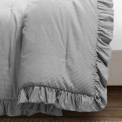 Full/Queen Grey White Stripe Ruffle Reversible 3 PCS Comforter Set