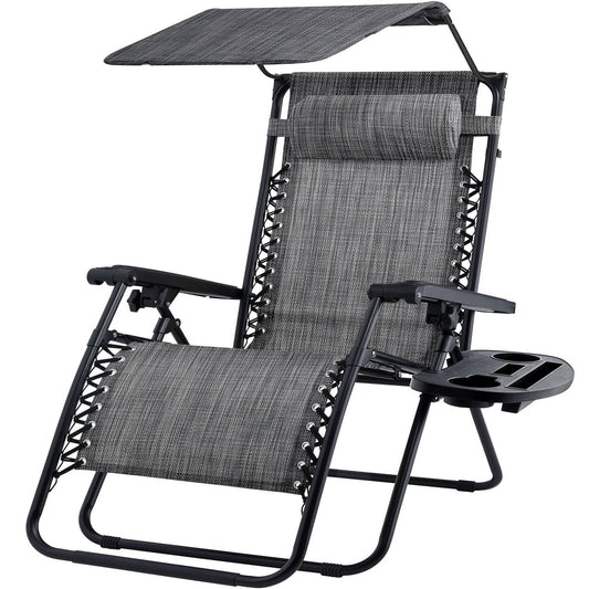 Grey Zero Gravity Folding Reclining Patio Lounge Chair w/ Canopy Sun Shade