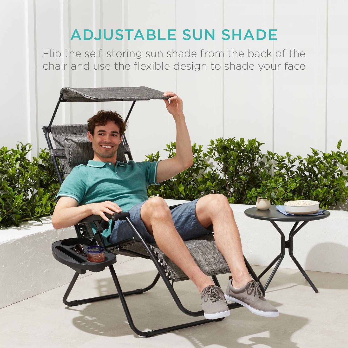 Grey Zero Gravity Folding Reclining Patio Lounge Chair w/ Canopy Sun Shade