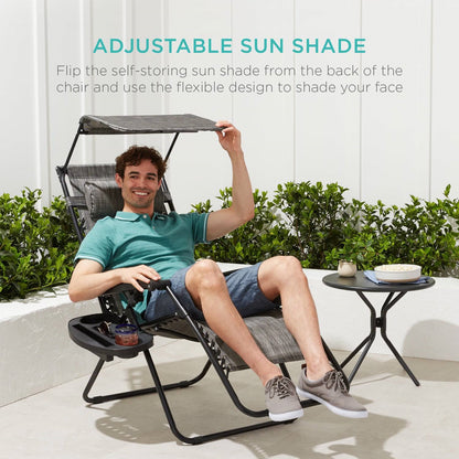 Grey Zero Gravity Folding Reclining Patio Lounge Chair w/ Canopy Sun Shade