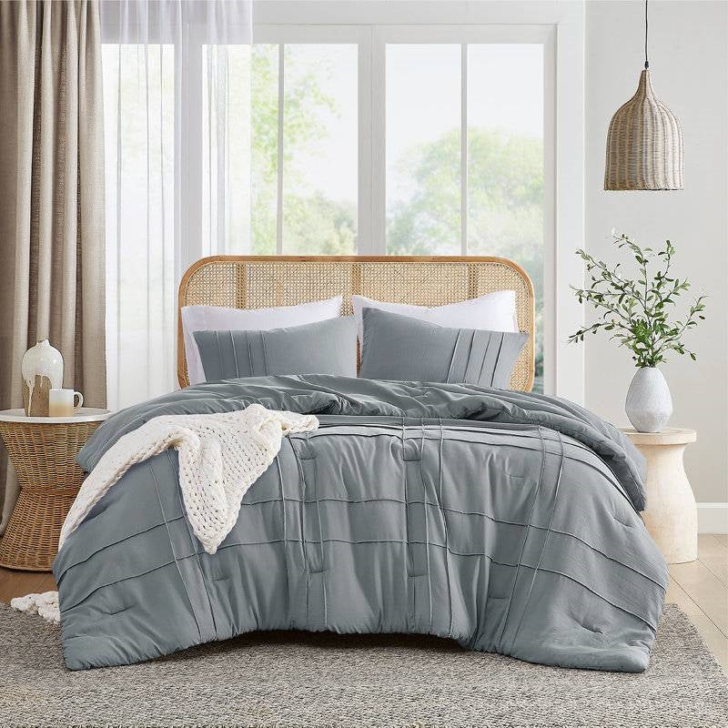 Full/Queen Microfiber Pleated Soft Washed Comforter Set Blue/Gray