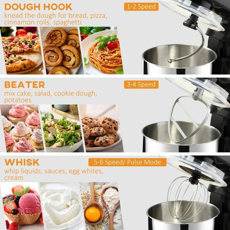 Black Stainless Steel Tilt 600W Electric Mixer 6QT