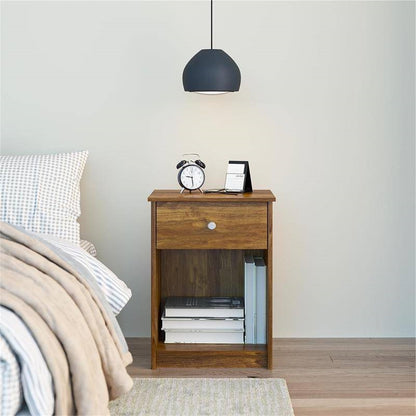 Rusic Brown Oak Farmhouse 1-Drawer Bedroom Nighstand with Open Shelf