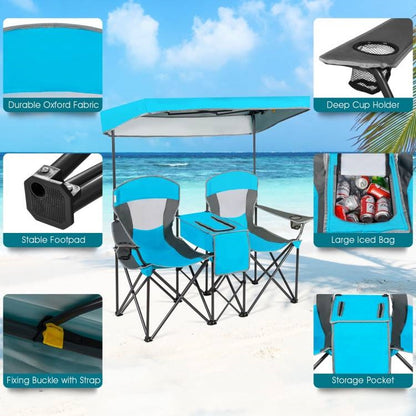 Blue 2 Seater Folding Camping Canopy Chairs Cup Holder Storage Pocket