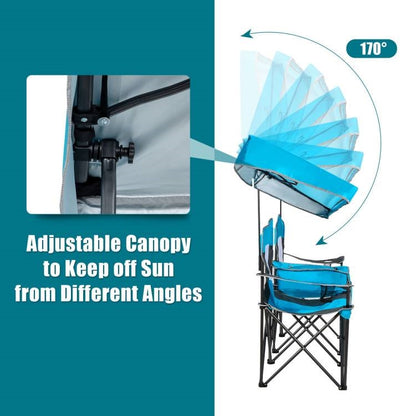 Blue 2 Seater Folding Camping Canopy Chairs Cup Holder Storage Pocket
