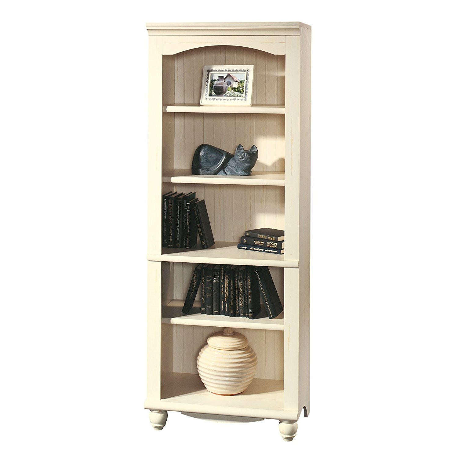 Elegant Display Shelf Bookcase with 5 Shelves in Antiqued White Wood Finish