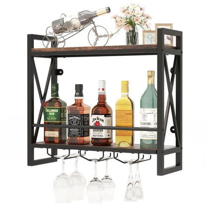 Industrial Rustic Brown 2 Tier Wall Mounted Wine Rack