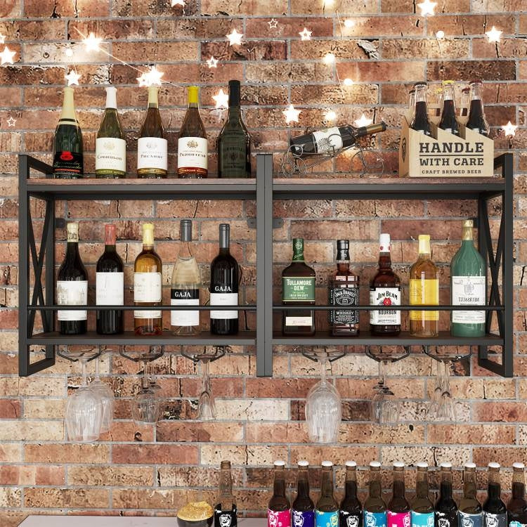 Industrial Rustic Brown 2 Tier Wall Mounted Wine Rack