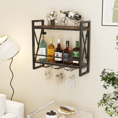 Industrial Rustic Brown 2 Tier Wall Mounted Wine Rack