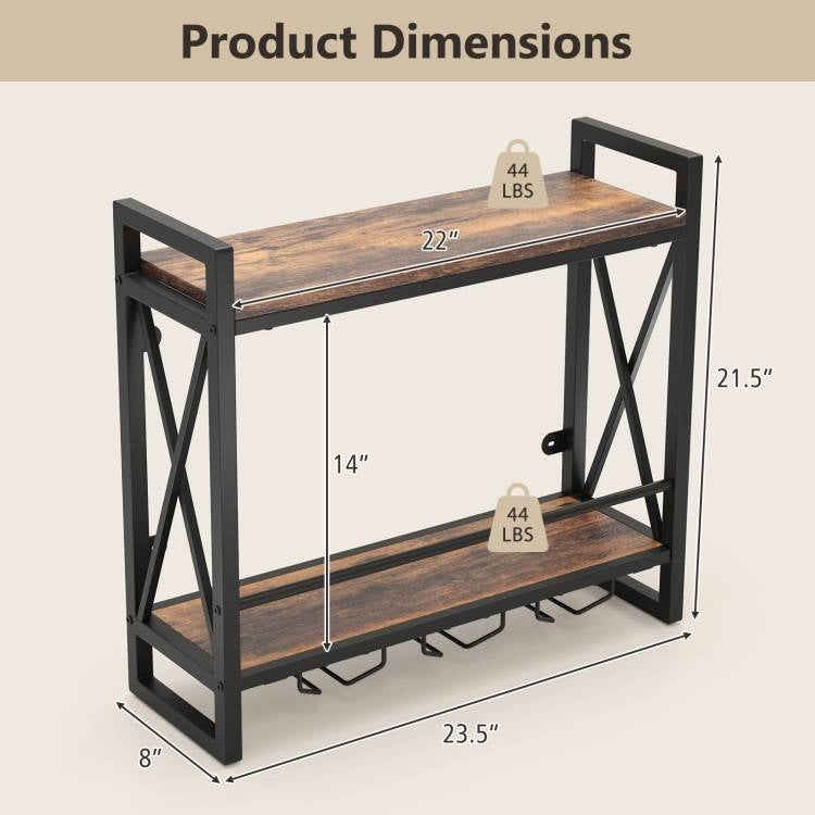 Industrial Rustic Brown 2 Tier Wall Mounted Wine Rack