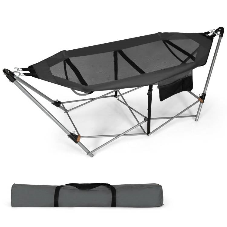 Grey Portable Camping Foldable Hammock with Stand Carry Case