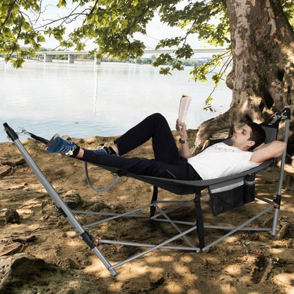 Grey Portable Camping Foldable Hammock with Stand Carry Case