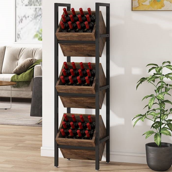 Rustic FarmHome Industrial 3 Bin 36 Bottle Wine Storage Stand