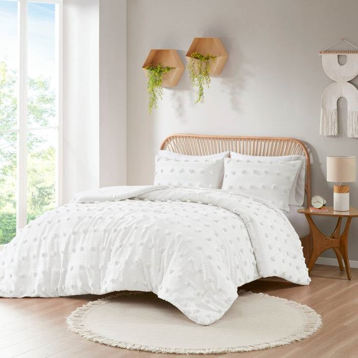 King/Cal King 3 Piece Jacquard Pompom Microfiber Hypoallergenic Comforter Set, White