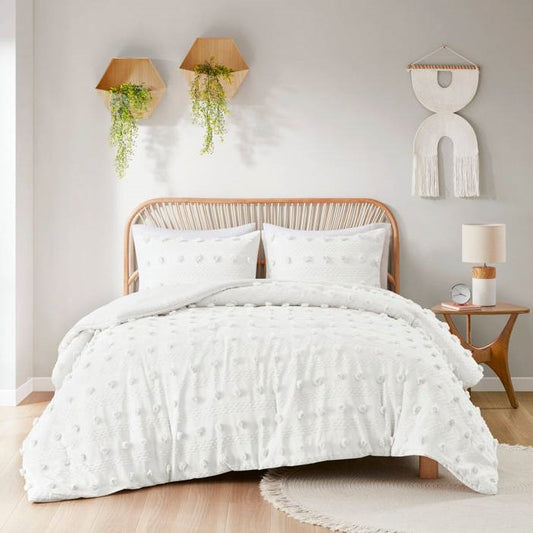 Full/Queen 3 Piece Jacquard Pompom Microfiber Hypoallergenic Comforter Set, White
