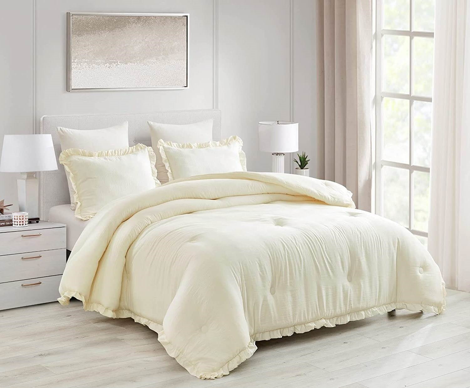Queen Oversized Ivory Ruffled Edge Microfiber Comforter Set