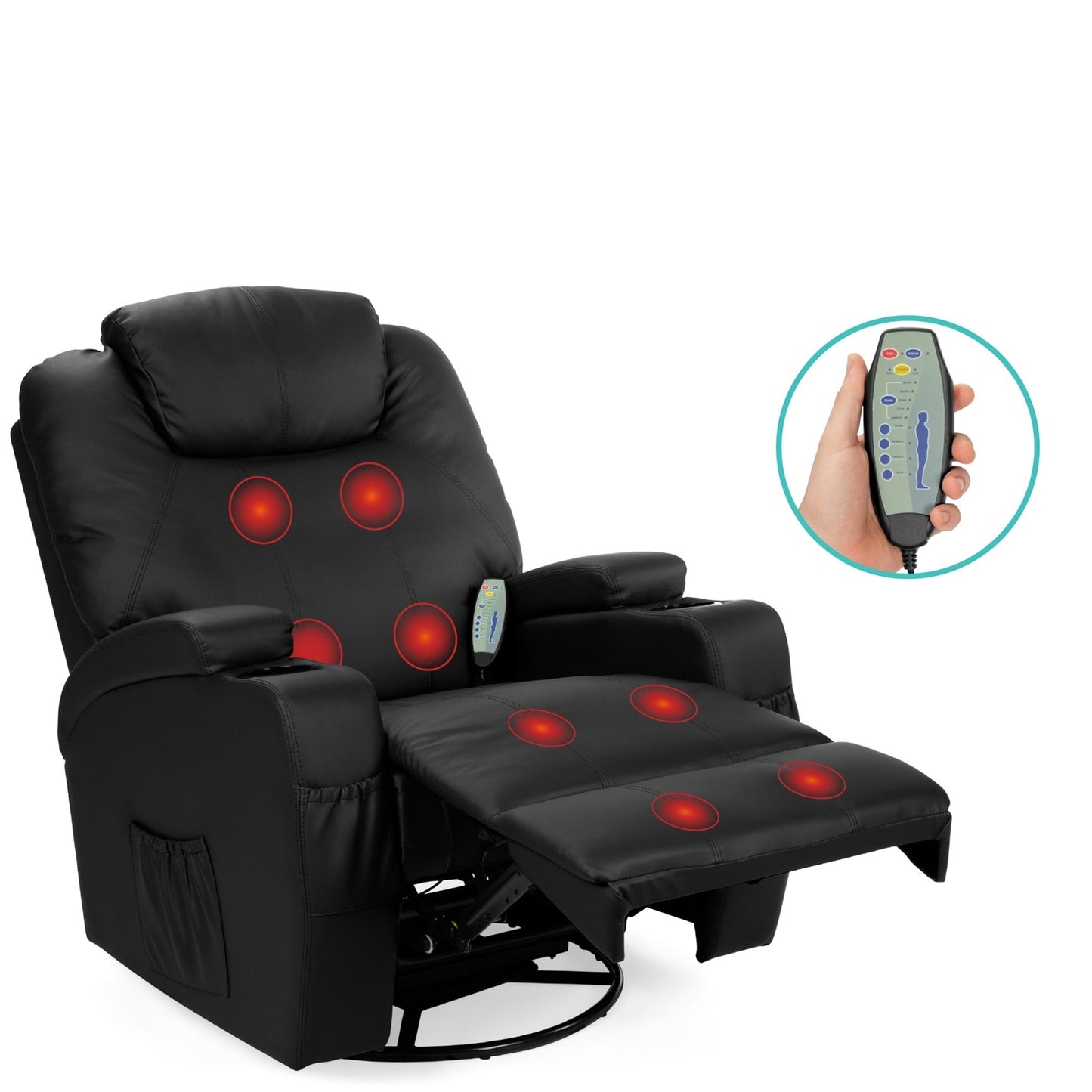 Black Swivel Heat &amp; Massage Recliner Chair 5 Modes Remote Control