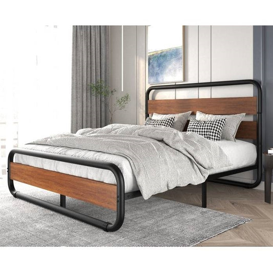 King Heavy Duty Modern Industrial Metal Wood Platform Bed Frame with Headboard