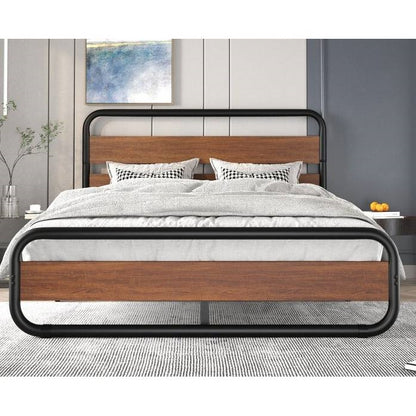 King Heavy Duty Modern Industrial Metal Wood Platform Bed Frame with Headboard