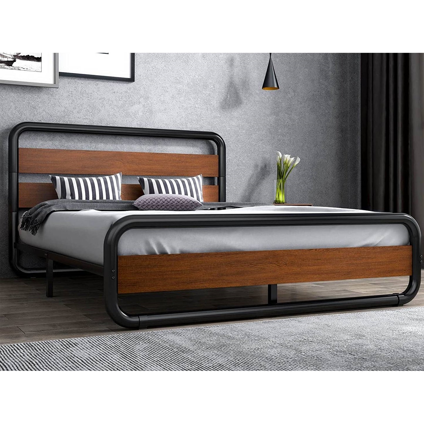 King Heavy Duty Modern Industrial Metal Wood Platform Bed Frame with Headboard