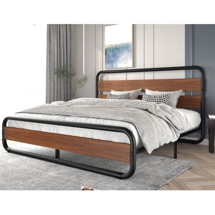 King Heavy Duty Modern Industrial Metal Wood Platform Bed Frame with Headboard