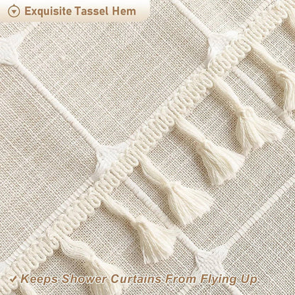 72-inch Farmhouse Beige Cotton Linen Blend Shower Curtain with Boho Tassels