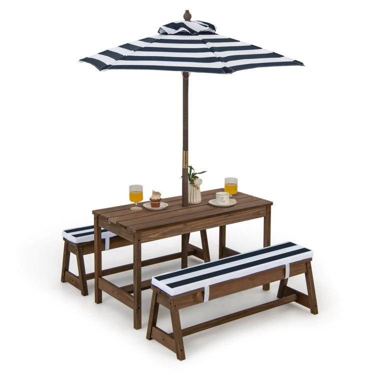 Kids Complete Wooden Picnic Table Chairs Cushions Umbrella Set Navy/White