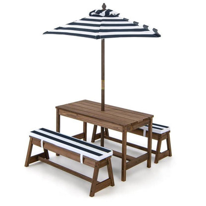 Kids Complete Wooden Picnic Table Chairs Cushions Umbrella Set Navy/White