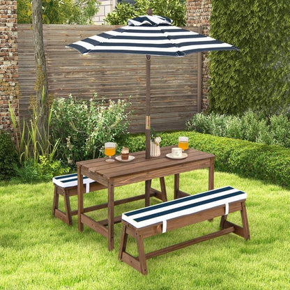 Kids Complete Wooden Picnic Table Chairs Cushions Umbrella Set Navy/White