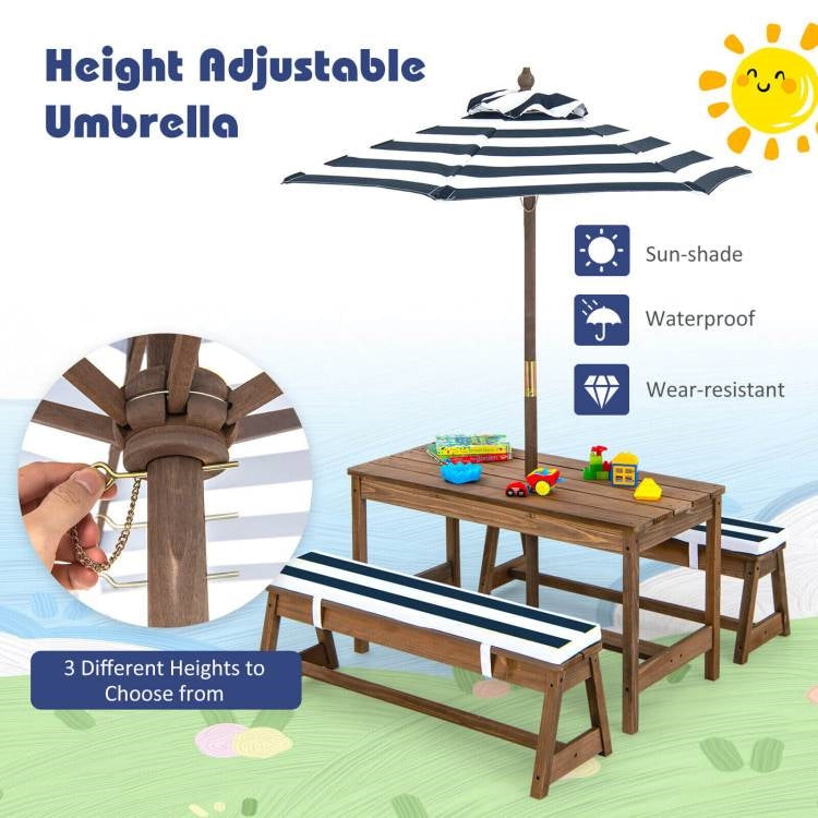 Kids Complete Wooden Picnic Table Chairs Cushions Umbrella Set Navy/White