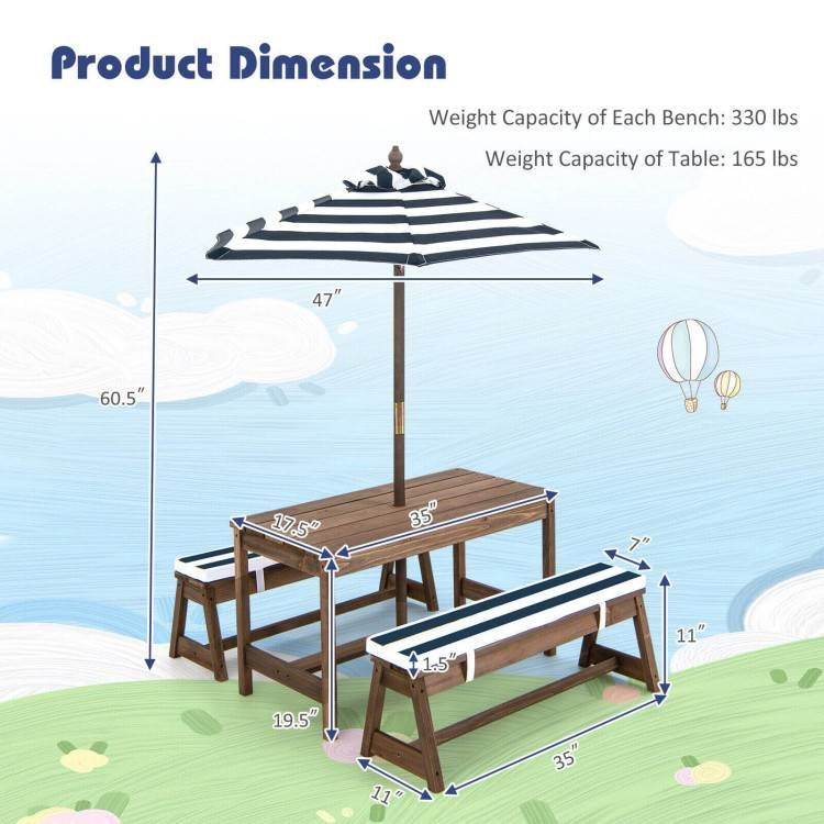 Kids Complete Wooden Picnic Table Chairs Cushions Umbrella Set Navy/White