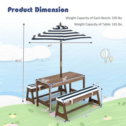 Kids Complete Wooden Picnic Table Chairs Cushions Umbrella Set Navy/White