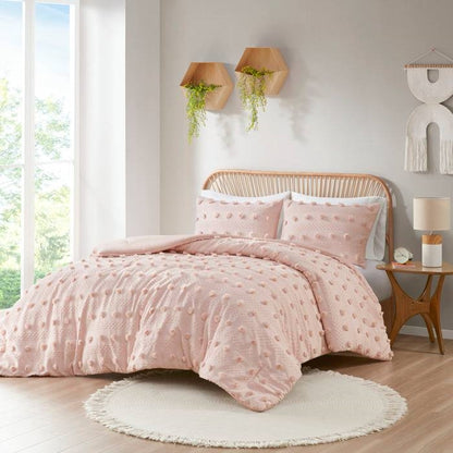 King/Cal King 3 Piece Jacquard Pompom Microfiber Hypoallergenic Comforter Set, Pink