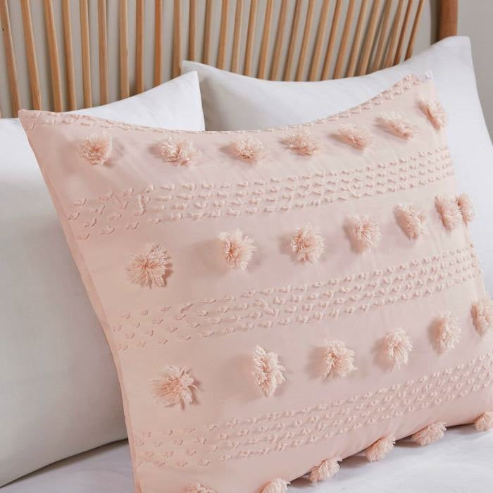 King/Cal King 3 Piece Jacquard Pompom Microfiber Hypoallergenic Comforter Set, Pink