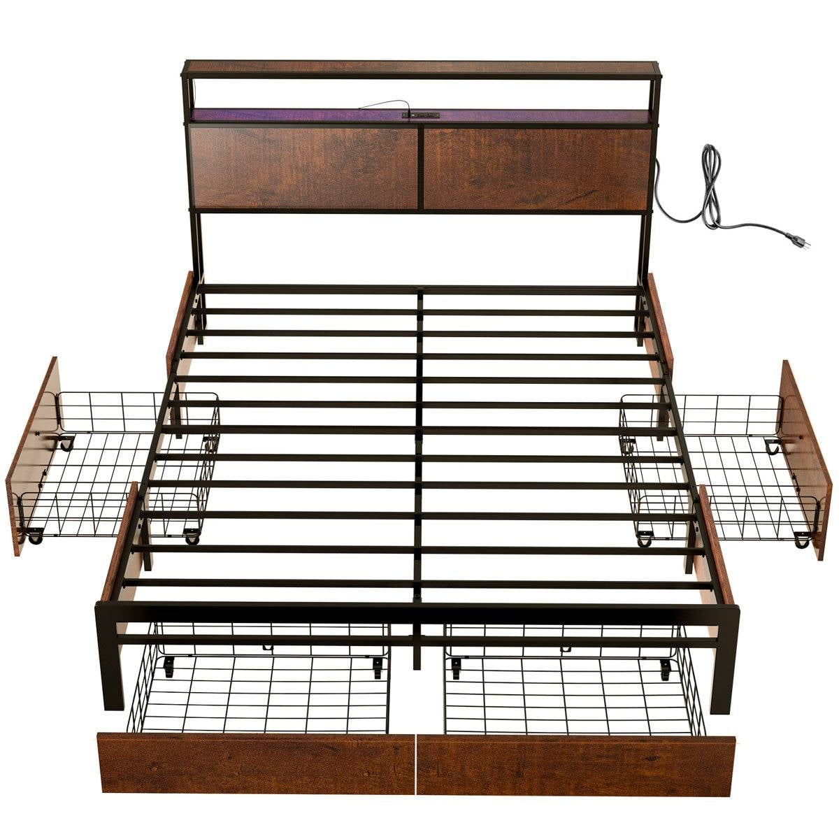 King Size Brown USB Plug In Headboard Platform Bed with 4 Storage Drawers