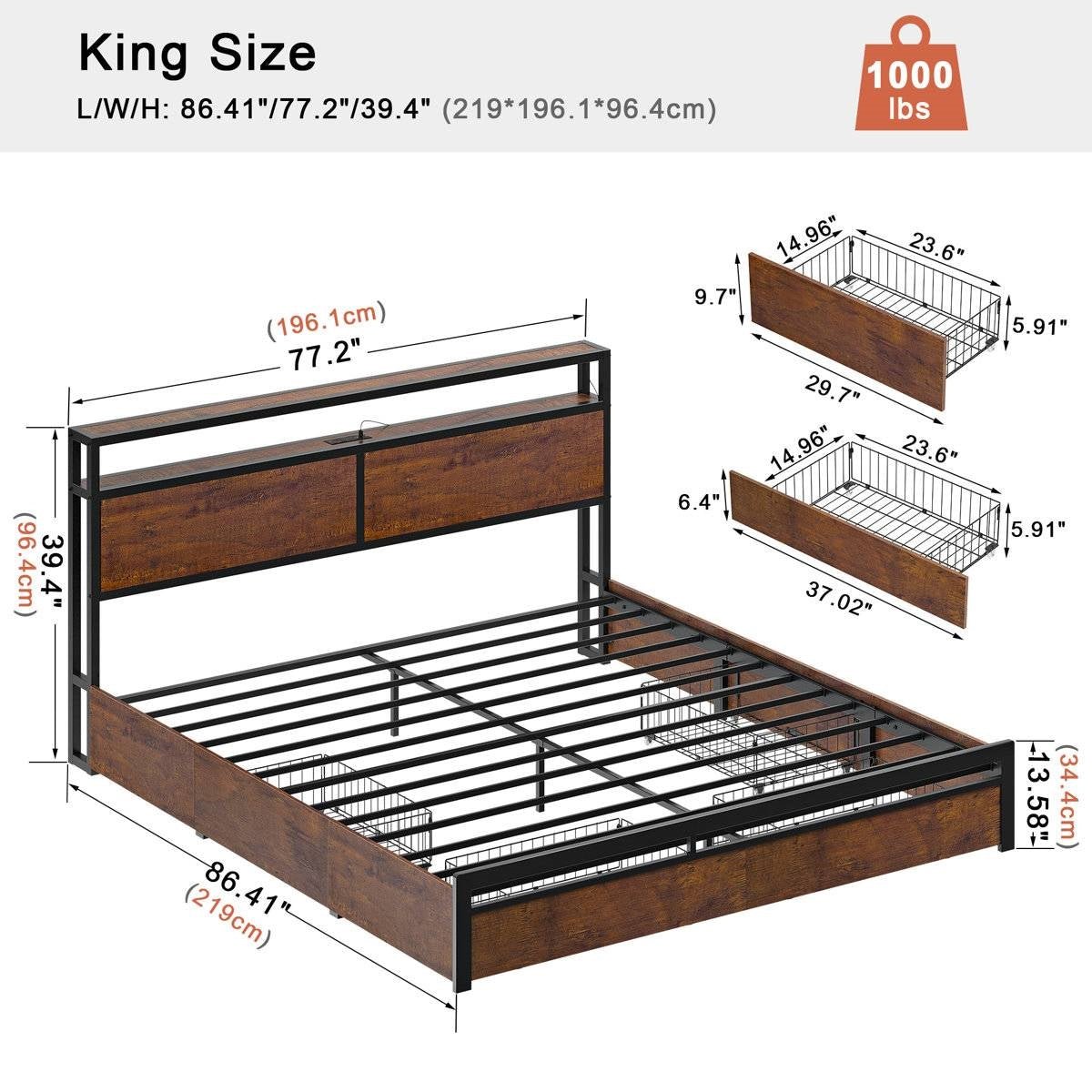 King Size Brown USB Plug In Headboard Platform Bed with 4 Storage Drawers