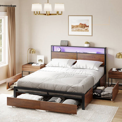King Size Brown USB Plug In Headboard Platform Bed with 4 Storage Drawers